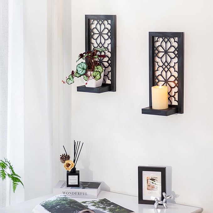 Black Candle Sconces Wall Decor - Gothic Wood Candle Shelves Decor for Plant Display - Halloween Wall Candle Holder Vintage Sconces for Office Fireplace Window Hallway