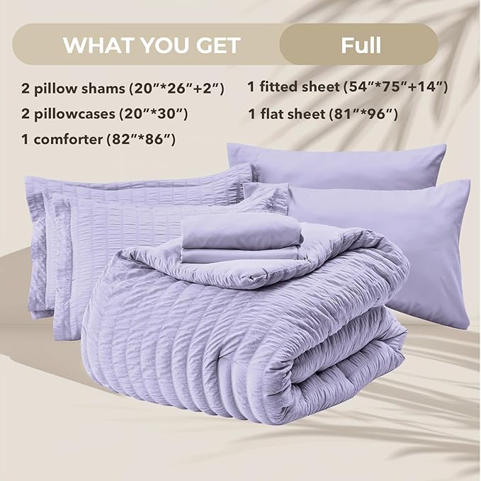 HYMOKEGE Light Purple Full Size Comforter Sets Seersucker 7 Pieces, All Season Luxury Bed in a Bag for Bedroom, Bedding Set with Comforter, Sheets, Pillowcases & Shams