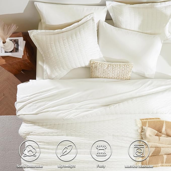 CozyLux Queen Comforter Set Ivory Seersucker 7 Pieces Bed in a Bag Queen Comforter Set with Sheets, Luxury Soft Bedding Set with Down Alternative Comforter, Sheets, Pillowcases & Shams for All Seasons