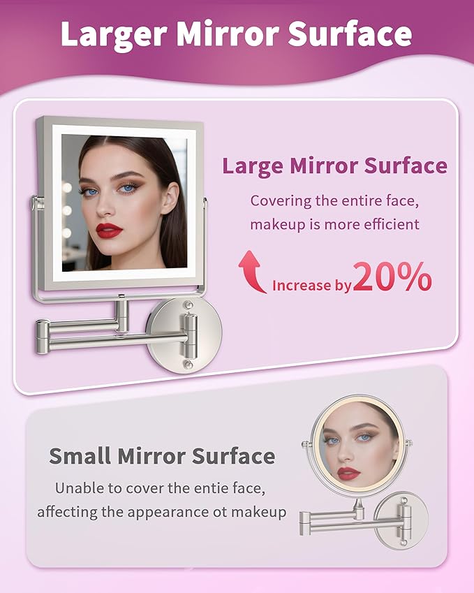Rechargeable Wall Mounted Makeup Mirror with Lights, 4000mAh Double Sided 1X/10X Magnifying Vanity Mirror with 3 Color Lights, Touch Dimmable, 360° Extension Foldable Arm(Brushed Nickel）
