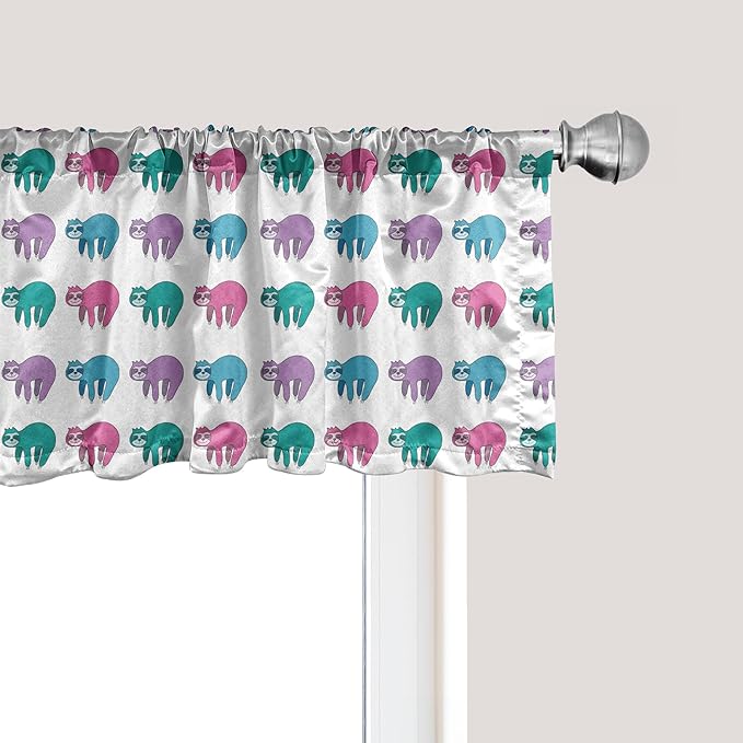 Ambesonne Funny Sloth Window Valance Pack of 2, Colorful Art Repeating Lazy Animal on Plain Backdrop, Rod Pocket Curtain Valances for Kitchen Bedroom, 42" X 12", Dark Seafoam Pink