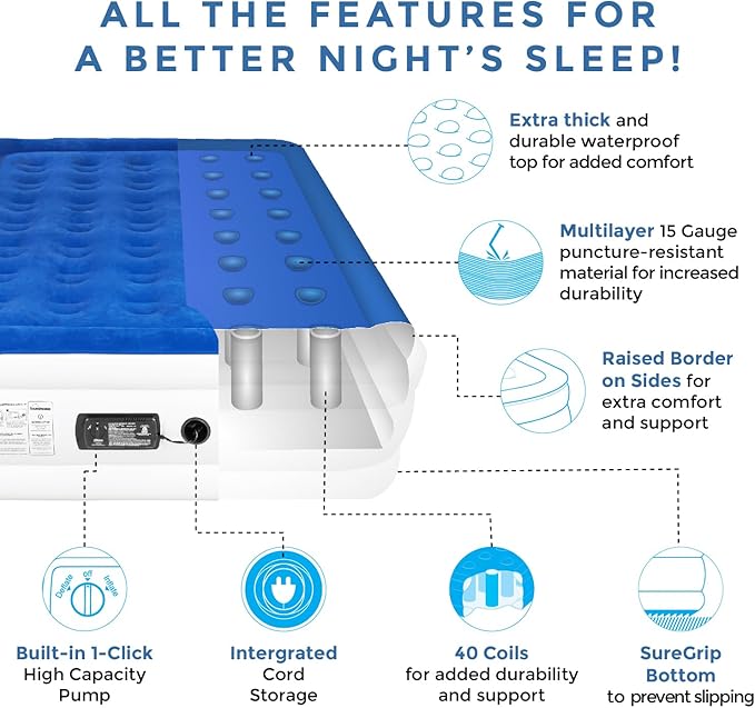 SoundAsleep Products Dream Series Luxury Air Mattress, ComfortCoil Technology, Built-in High Capacity Pump for Home, Camping- Double Height, Adjustable, Inflatable Blow Up, Portable (Full Size)