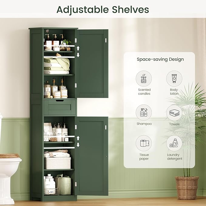 Iwell Tall Bathroom Storage Cabinet with 2 Doors & 1 Drawer, Narrow Storage Cabinet with Adjustable Shelves, for Living Room, Bathroom, Kitchen, Forest Green