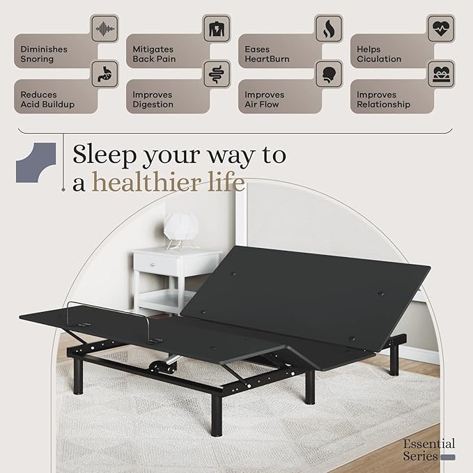 Sven and Son Essential Adjustable Bed Base (Frame Only), Easy Assembly, Head and Foot Lift, Memory Positions, Zero Gravity, Wireless Remote - Queen