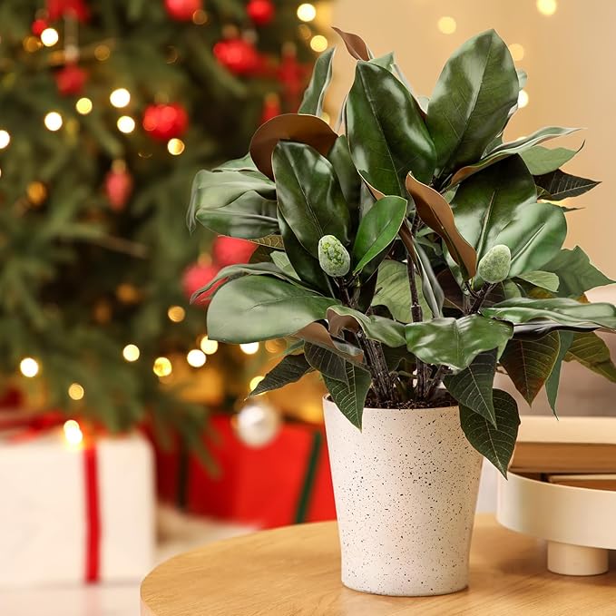 2 Pcs Magnolia Artificial Leaves Branches 32 Inch 3D Real Touch Pick with Fruit Faux Magnolia Stems Fake Twigs for Indoor Outdoor Vase Home Wedding Floral Arrangement Decoration