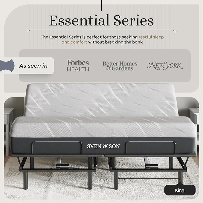 Sven and Son Essential Adjustable Bed Base (Frame) + 12 inch Memory Foam Matt (Medium), Easy Assembly, Head and Foot Lift, Memory Positions, Zero Gravity, Wireless Remote - King