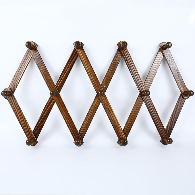 AMAPON Accordion Style Expandable Wall Wooden Coat Rack 13 Hooks (Pegs) Hang Hats Jackets Coffee Mug Purses Necklaces Towels Cap Leash Scarves Data Line Kitchenware (Walnut Color 2 Pack)