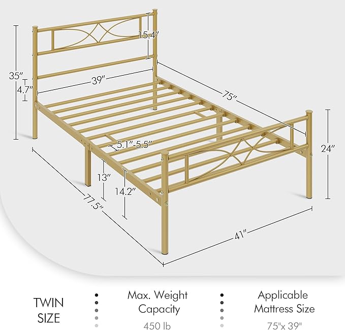 Yaheetech Twin Metal Bed Frame, Platform Bed Frame, Mattress Foundation with Curved Design Headboard & Footboard, Heavy-Duty Support, Easy Assembly, Twin, Antique Gold