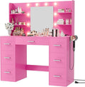 Furmax Vanity Desk with Mirror, LED Lights and Power Outlet Makeup Vanity Table with 7 Drawers and 6 Storage Shelves Dressing Table for Bedroom Dressing Room (Pink)