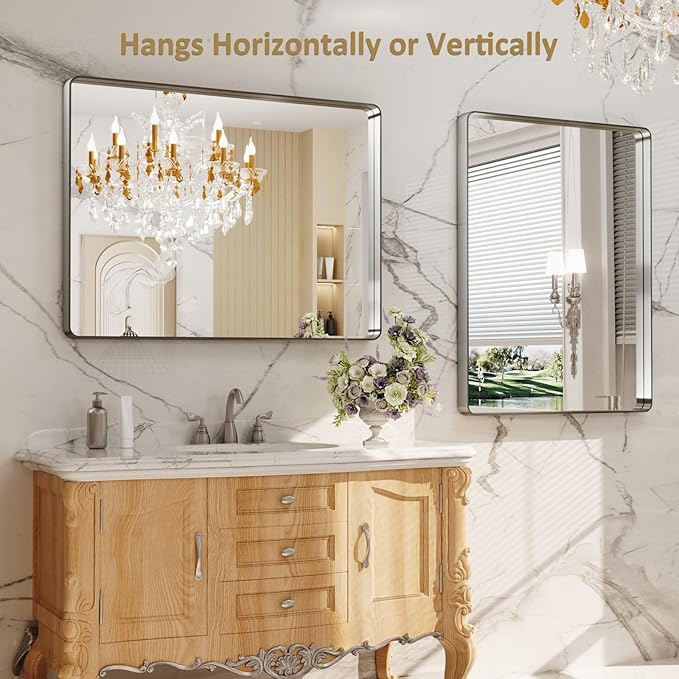 LOAAO 40X32 Inch Brushed Nickel Bathroom Mirror, Rounded Rectangle Silver Metal Frame Mirror, Brushed Nickel, Anti-Rust, Shatter Proof, Hangs Horizontally or Vertically