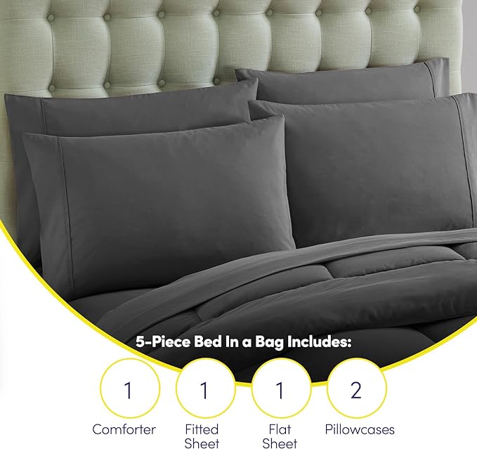 Sweet Home Collection 5 Piece Comforter Set Bag Solid Color All Season Soft Down Alternative Blanket & Luxurious Microfiber Bed Sheets, Gray, Twin