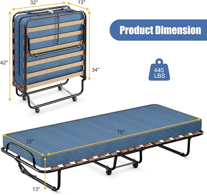 Giantex Folding Bed with Mattress for Adults, Rollaway Guest Beds w/Memory Foam Mattress & Metal Frame, Made in Italy, Cot Size Rollaway Bed, Portable Foldable Sleeper Bed for Home, 75" x 32",Blue