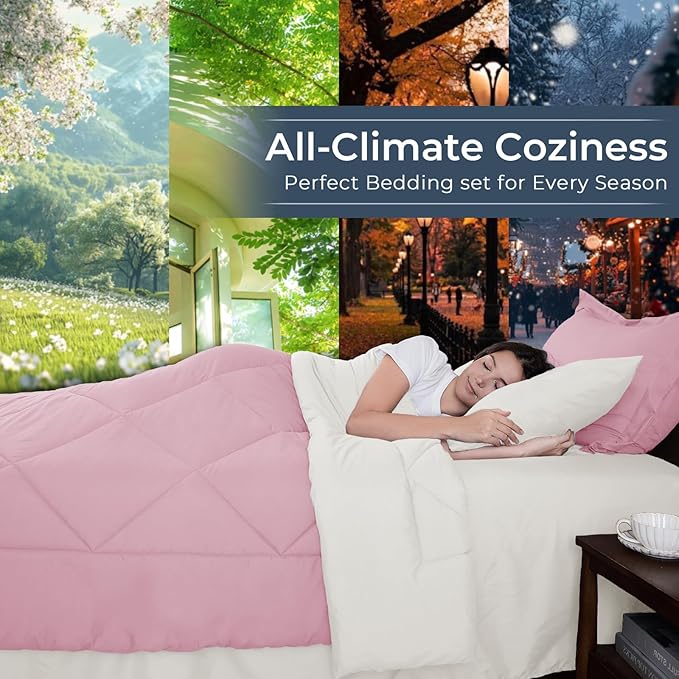 HEVUMYI Full Comforter Set - 7-Piece All Season Bed in a Bag Full, Ultra Soft Bedding Set with Comforter, Flat Sheet, Fitted Sheet, Pillowcases, Pillow Shams, Pink & Ivory