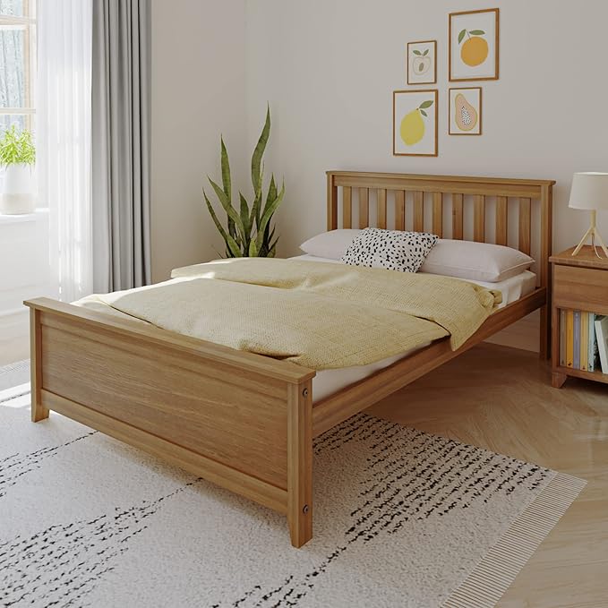 Max & Lily Full Size Bed Frame with Slatted Headboard, Solid Wood Platform Bed for Kids, No Box Spring Needed, Easy Assembly, Pecan