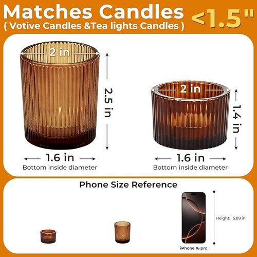 20pcs Assorted Votive Candle Holders for Tea Light Candles, Amber Glass Tea Light Candle Holders Set, Decorative Ribbed Tealight Holder for Wedding Table Decor, Dining Room, Valentine's Day, Birthday