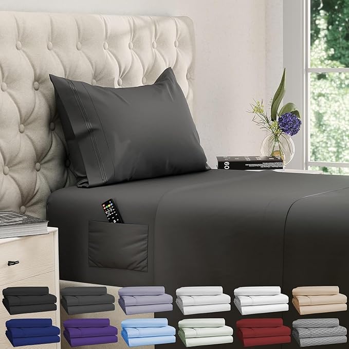 DREAMCARE Twin XL Sheet Sets – 3pcs Cooling Sheets – up to 21” Extra Deep Pocket Twin XL Sheets Set – Hotel Luxury Sheets & Pillowcases – Superior Softness 100% Fine Microfiber with Side Pocket – Gray