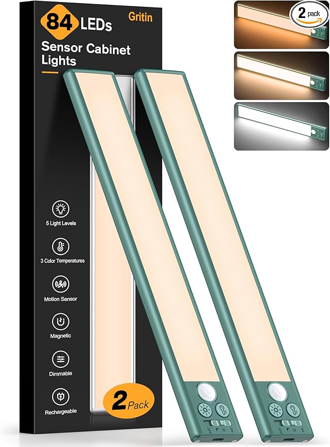 Gritin 10.2inch Under Cabinet Lighting Rechargeable -84 LED Super Bright,3-Color& 5 Level Brightness,4 Modes,Motion Sensor, Long Lasting- Easy Installation Magnetic Closet Lights -2 Pack-Green