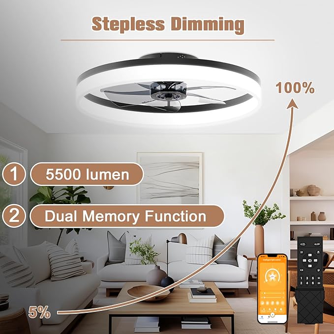 VOLISUN Low Profile Ceiling Fans with Lights and Remote, 23.6in Flush Mount Ceiling Fans with Light, 3000K-6500K Dimmable Fandelier LED Fan Light, Bladeless Ceiling Fan with Lights for Bedroom(Black)