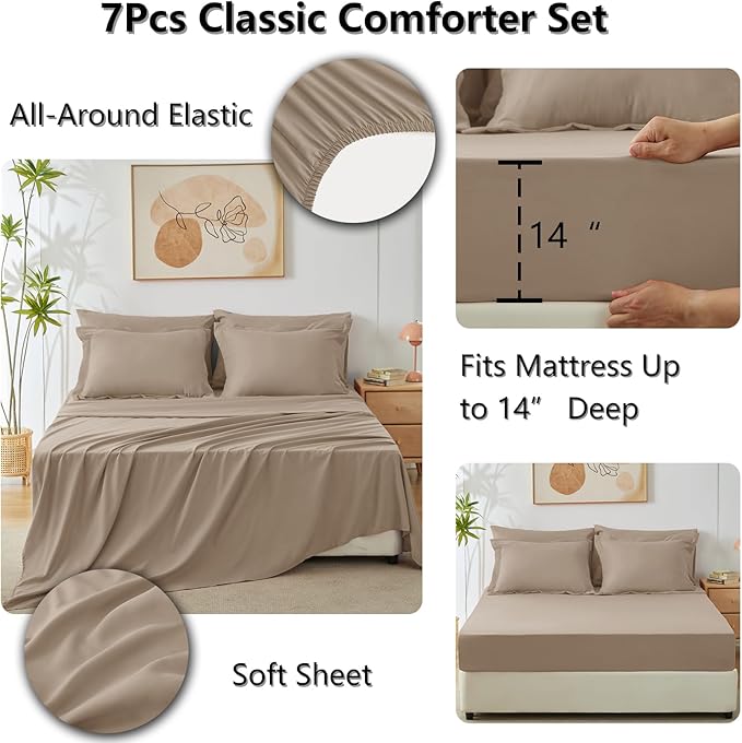 CozyLux Queen Comforter Set Khaki - Bed in a Bag Queen Size 7 Pieces, Luxury Soft Bed Set for All Seasons, Bedding Set with Down Alternative Comforter, Sheets, Pillowcases & Shams