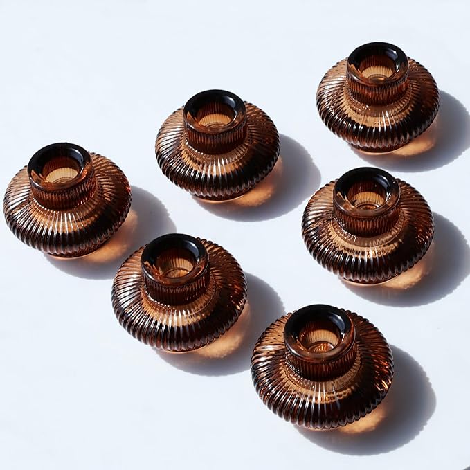 VOHO 12pcs Brownish Amber Candle Holders for Fall Decor, Vintage Ribbed Candlestick Holders Centerpiece Table Decorations, Heavy Glass Taper Candle Holders for Candlesticks/Votive Candles
