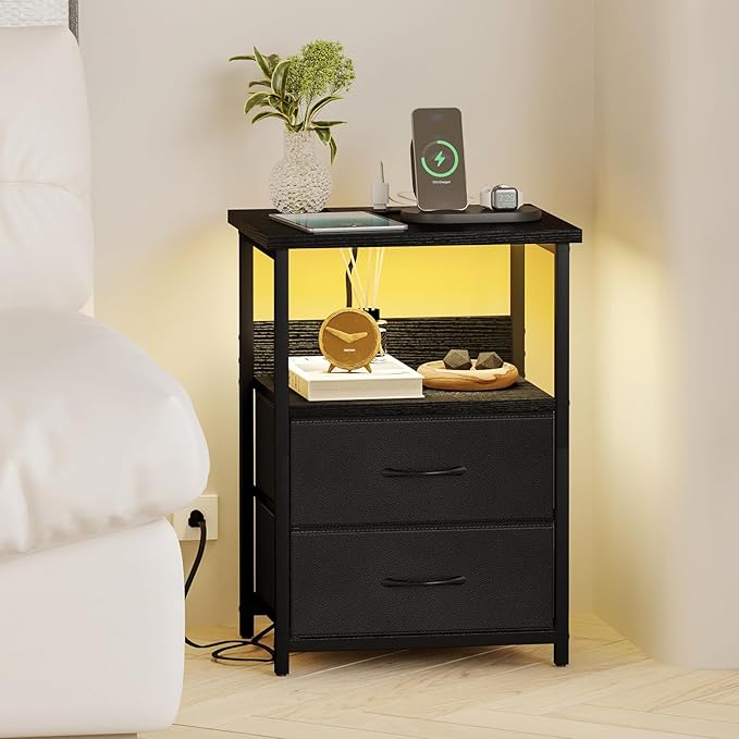 Fixwal Night Stand with Charging Station, LED Nightstand with U-S-B Ports and Outlets, 2 Fabric Storage Drawers with PU Finish, Small Bedside Table, Black