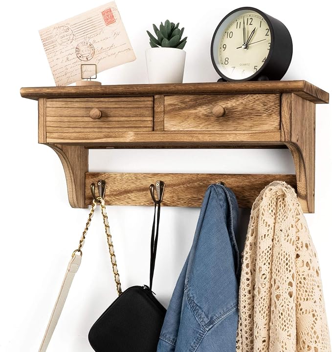 Emfogo Coat Hooks Mounted, Rustic Wood Coat Rack Mount Shelf with Hooks, Farmhouse Coat Rack with Shelf & Coat Hook for Entryway, Mudroom, Bedroom, Kitchen, Bathroom (Brown)