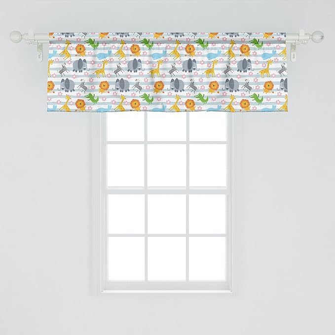 Ambesonne Savannah Window Valance Pack of 2, Friendly Zoo Animals with Happy Faces Cartoon Characters on Stripes Print, Rod Pocket Curtain Valances for Kitchen Bedroom, 54" X 18", Pale Azure Blue