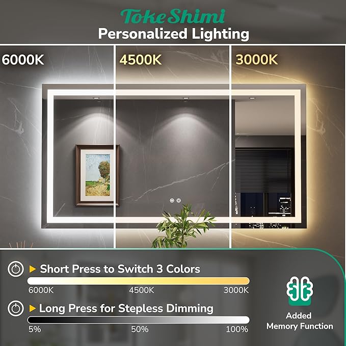 TokeShimi 24x30 LED Bathroom Mirror with Lights,Front Lit + Backlit,Anti-Fog LED Mirror for Bathroom,Stepless Dimmable 3-Color Light,Tempered Glass,Memory,UL Listed,Waterproof