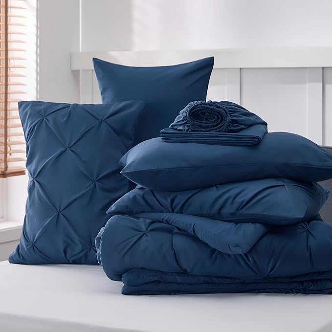 Bedsure Full Size Comforter Sets - Bedding Sets Full 7 Pieces, Pintuck Bed in a Bag Navy Blue Bed Set with Comforter, Sheets, Pillowcases & Shams