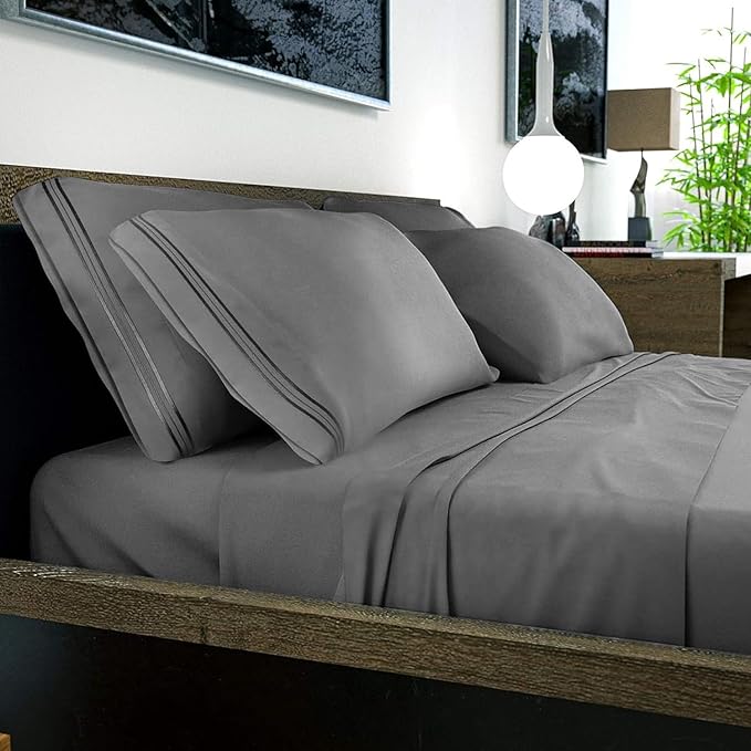 DREAMCARE King Size Sheets Set – 6 pcs Cooling Bed Sheets – up to 15” Deep Pocket King Sheet Set – 2500 Supreme Collection – Extra Soft 100% Brushed Microfiber Hotel Luxury with Side Pocket – D Gray