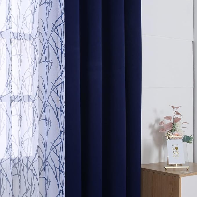 BONZER Mix and Match Curtains - 2 Pieces Branch Print Sheer Curtains and 2 Pieces Blackout Curtains for Bedroom Living Room Grommet Window Drapes, 37x95 Inch/Panel, Indigo, Set of 4 Panels