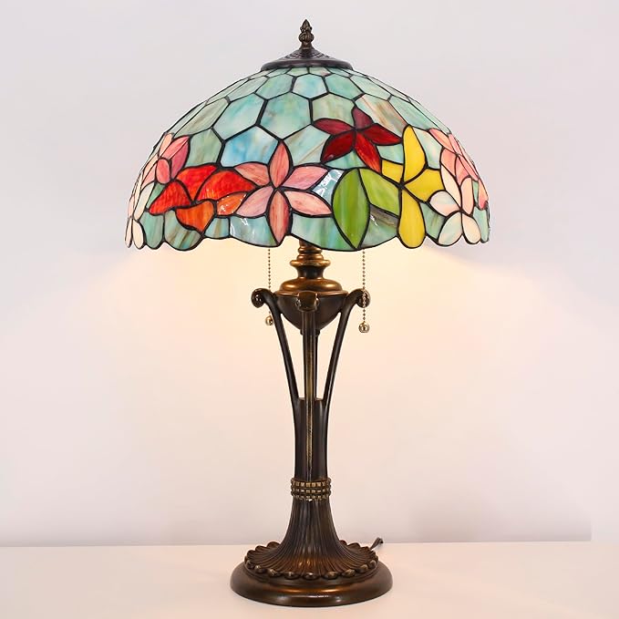Tiffany Table Lamp Red Yellow Green Flowers Stained Glass Desk Lamp 16X16X24 Inches Reading Light