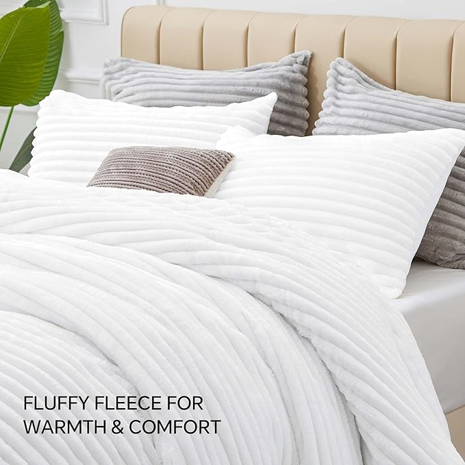 BEDELITE Fleece Queen Comforter Set -Super Soft & Warm Fluffy Bright White Bedding, Luxury Fuzzy Heavy Bed Set for Winter with 2 Pillow Cases