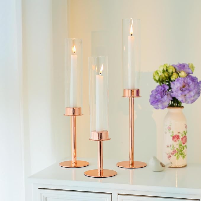 Hurricane Candle Holders Set of 6 Metal Candlestick Holder for Glass Taper Tall Candle Holders with Crystal Chimney Tube Candles Stands for Home Decor, Christmas, Dinning (6, Rose Gold)
