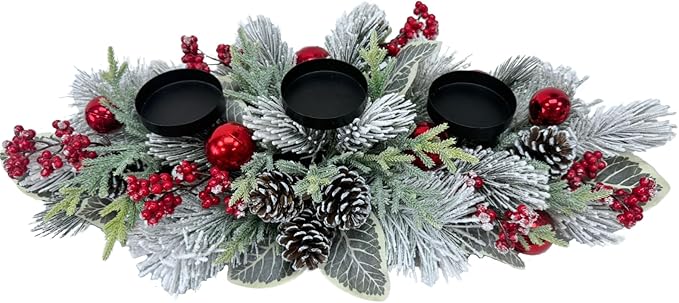 Christmas Candle Holder 3 Candle Holders Xmas Table Centerpiece with Snow Flocked Pine Branches,Pinecones, Red Berries