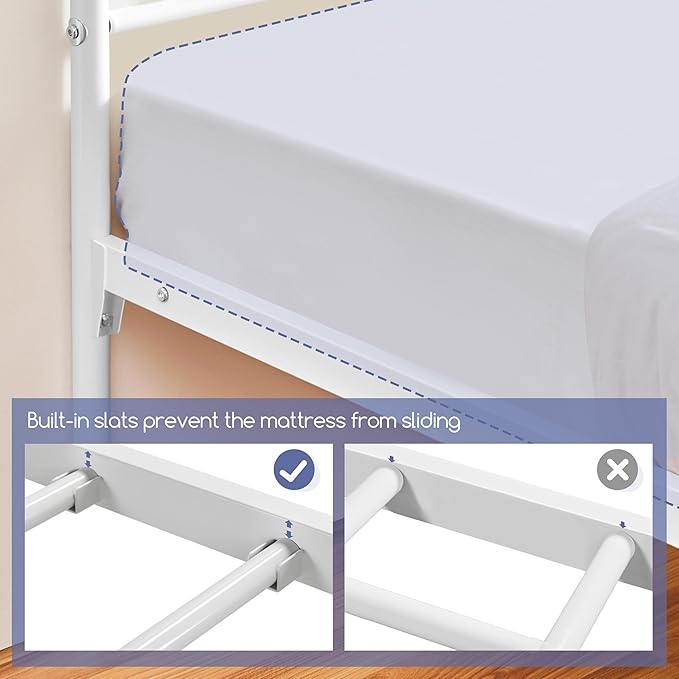 Yaheetech Metal Platform King Bed Frame Mattress Foundation with Headboard and Footboard No Box Spring Needed Under Bed Storage Steel Slats White