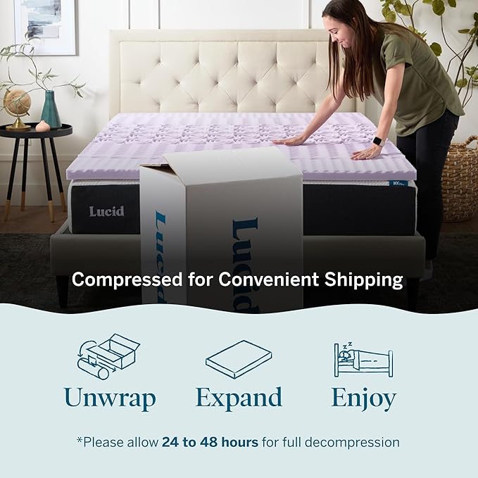 LUCID Lavender Infused 2 Inch Memory Foam Mattress Topper with 5 Zones – Queen Size – Plush Feel – CertiPUR Certified – Dorm Room Essentials