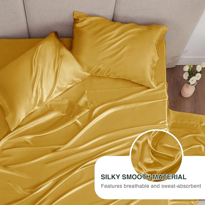 Love's cabin 4Piece California King Satin Bed Linen Set, Gold Silky Satin Sheets, Deep Pocket, Luxury Silk Feel, 1 Flat, 1 Fitted Sheet, 2 Pillow Cases