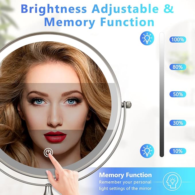 ALHAKIN 9" Wall Mounted Lighted Makeup Mirror, Rechargeable 1X/15X Magnifying Mirror with 3 Color Lights Dimmable, 360° Rotation, Nickel