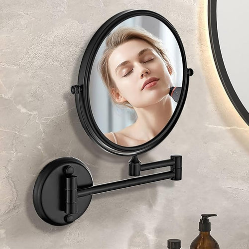 1x10x Magnifying Double Sided Bathroom Mirror 360 Degree Swivel Makeup Mirror Black Adjustable Extension Arm Wall Mount 8 Inch Non-Illuminated Beauty Mirror Shaving Mirror (Round Base)