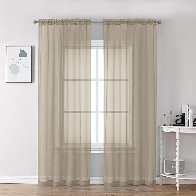 Chyhomenyc Taupe Sheer Curtains 84 Inches Long 2 Panels Set- Light Filtering Curtains for Bedroom, Soft Airy Voile Rod Pocket Living Room Window Drapes, 42Wx84L Inches, 2 PCS