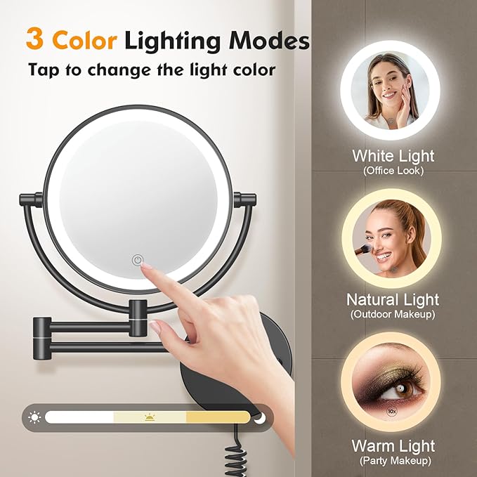 FASCINATE Upgraded Wall Mounted Makeup Mirror with Lights, Super Large Double Sided 1X/10X Magnifying Mirror for Bathroom, 360° Swivel Extendable Plug Touch Sensor Vanity Mirror