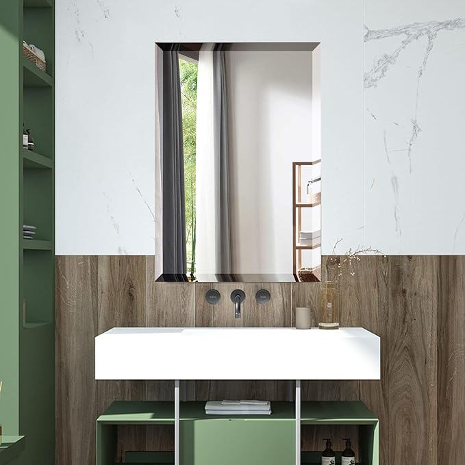 Mirrorons Beveled Mirror, Bathroom Mirrors for Wall 24" x 36", Frameless Rectangle Bathroom Mirror with Beveled Edge, Hangs Horizontally or Vertically, Upgraded Packing
