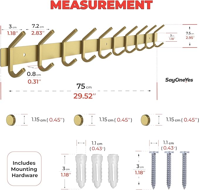 Brushed Gold Wall Mounted Coat Rack – 30 Inch Stainless Steel Rail with 10 Double Coat Hooks for Entryway, Bathroom, Bedroom, Kitchen – Modern Gold Hook Rack for Coats, Hats, Towels