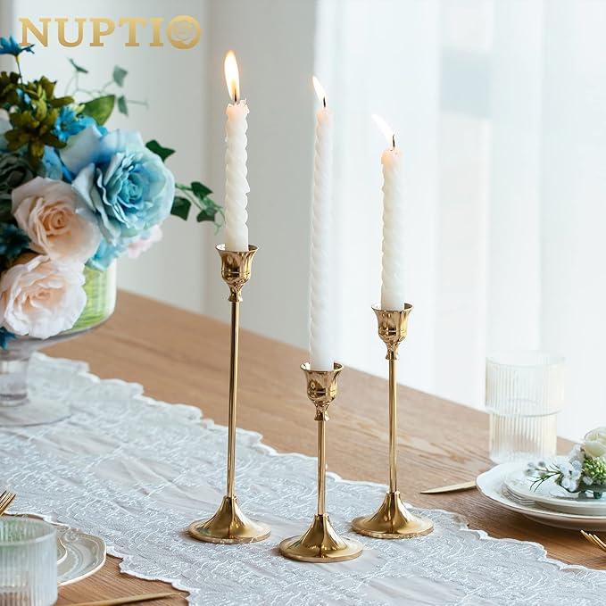 Nuptio Candlestick Holders Taper Candle Holder 10 Sets(30 Pcs) Gold Candle Sticks Holder Metal Candle Holders for Tapered Candles Table Centerpiece for Wedding Candlelight Dinner Birthday Decor