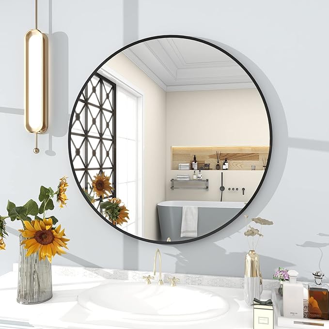 BEAUTYPEAK Circle Mirror Black 36 Inch Wall Mounted Round Mirror with Brushed Metal Frame for Bathroom, Vanity, Living Room, Bedroom, Entryway Wall Decor (Black, 36 Inches)