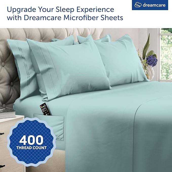 DREAMCARE Queen Sheet Set – 6 pcs Cooling Bed Sheets – up to 21” Deep Pocket Queen Sheets Set – 2500 Supreme Collection – Extra Soft 100% Brushed Microfiber Hotel Luxury with Side Pocket – Spa Blue