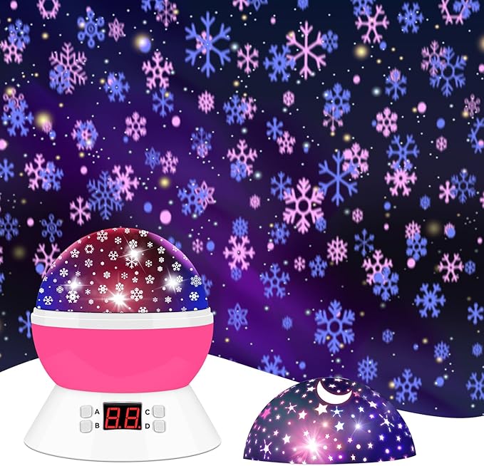 Snowflake Projector Night Light Indoor, Snowflake Nightlight with Timer, Star Lights Projector for Ceiling Kids Room Decor Gifts for 3-8 Year Old Girls Christmas Birthday Gift for Toddler