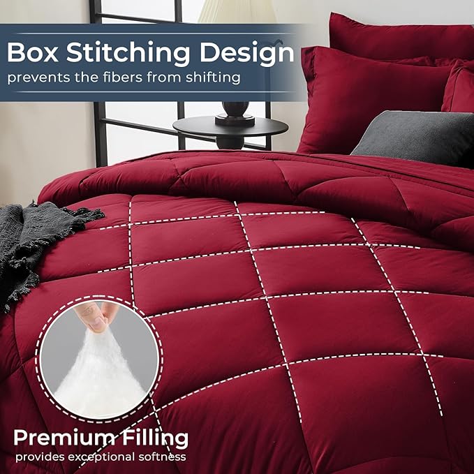 HEVUMYI Red King Comforter Set - 7-Piece All Season Bed in a Bag King, Ultra Soft Bedding Set with Comforter, Flat Sheet, Fitted Sheet, Pillowcases, Pillow Shams