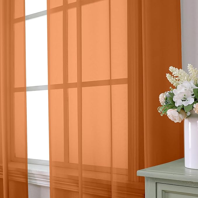 Aiyufeng Orange Sheer Curtains 90 Inches Long 2 Panels Set, Light Filtering Soft Airy Voile Rod Pocket Orange Sheer Window Drapes for Bedroom Living Room, Each 42Wx90L Inches